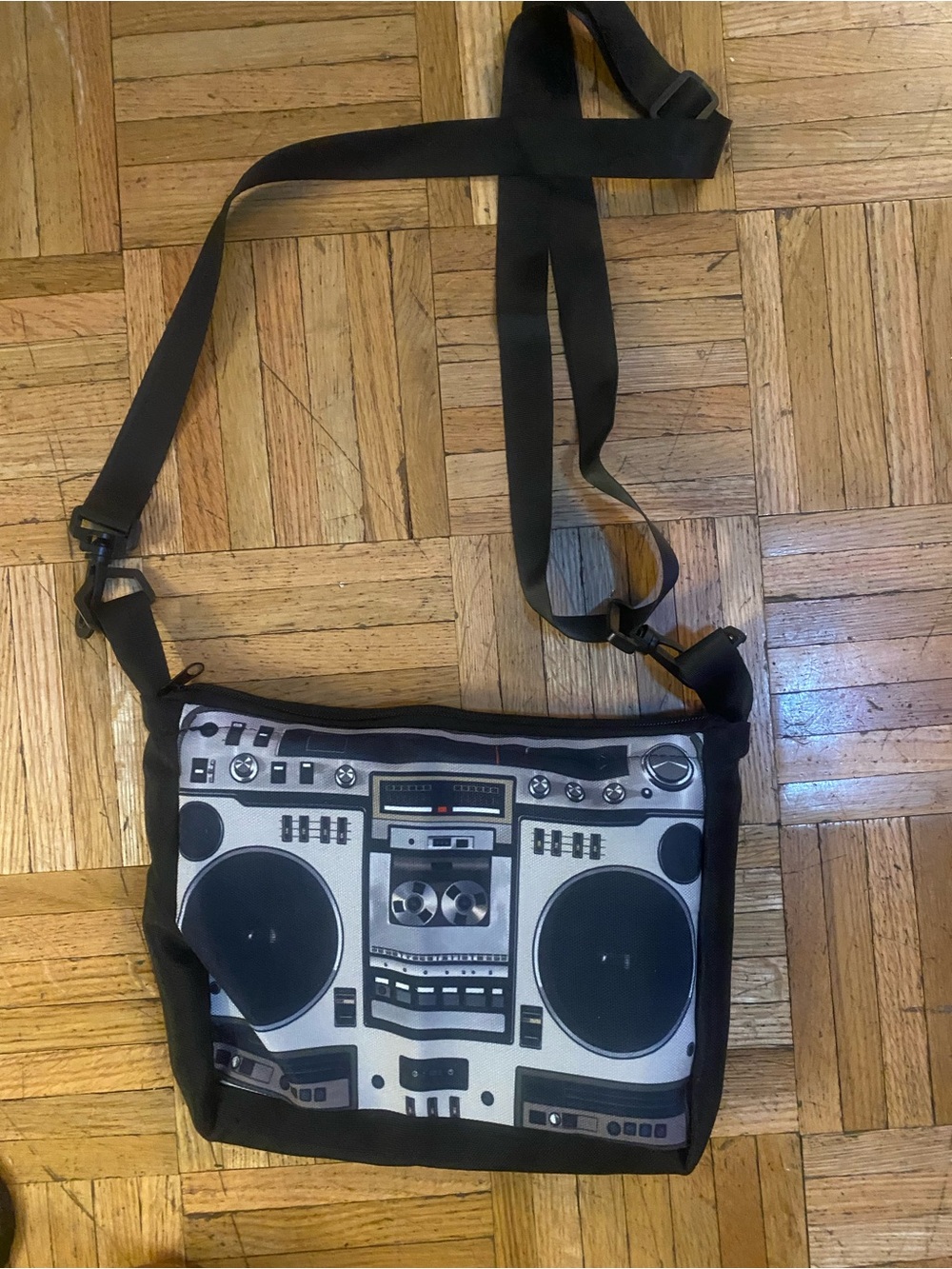 Black Portable Boombox Print Crossbody Bag